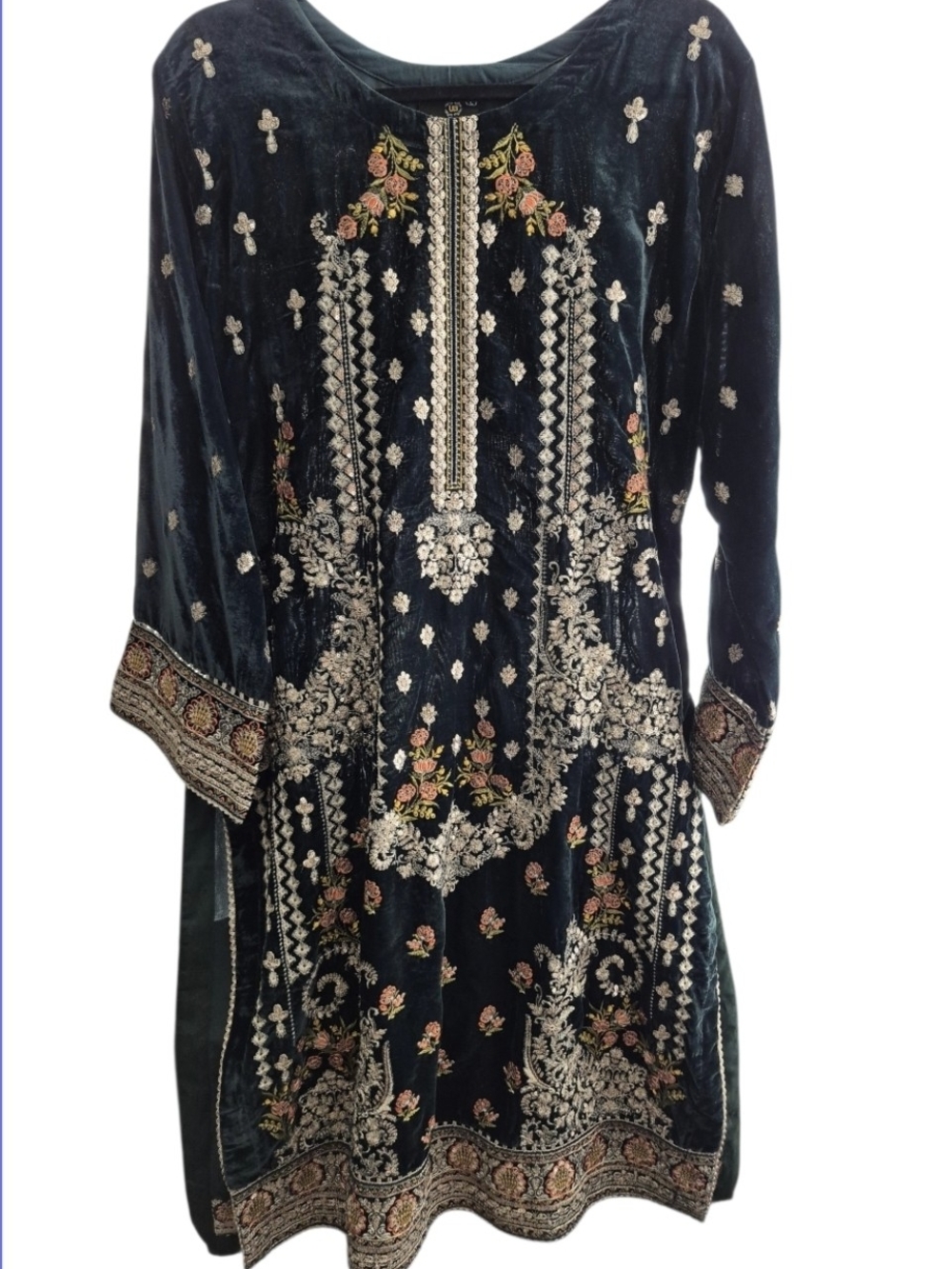 💕Umar Boutique Embroidered Velvet Tunic Dress in Deep Teal w/ Floral Accents 💕